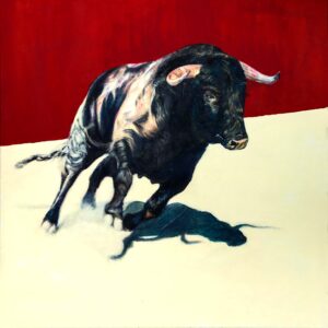 Akryl na płótnie 90 x 90 PUŁAPKA Byk na arenie